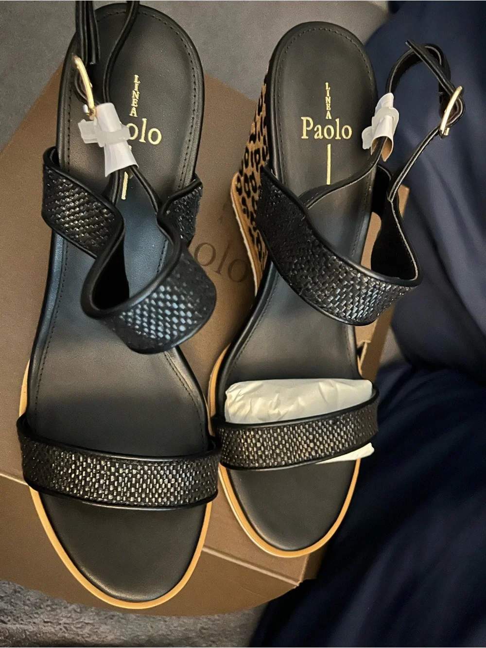 Linea Paolo Edith-L Black Woven Leopard Wedge Sandals Size 11